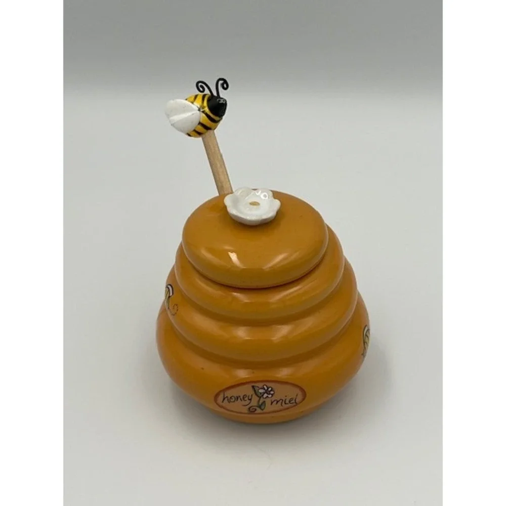 Honey Miel Ceramic Beehive Jar with Lid & Wooden Bumble Bee Dipper